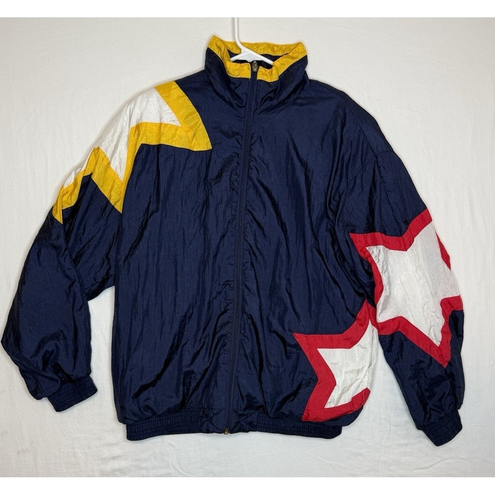 Vintage 80s Janeve Sport Nylon Jacket Full Zip Size M Navy Red & Yellow Stars